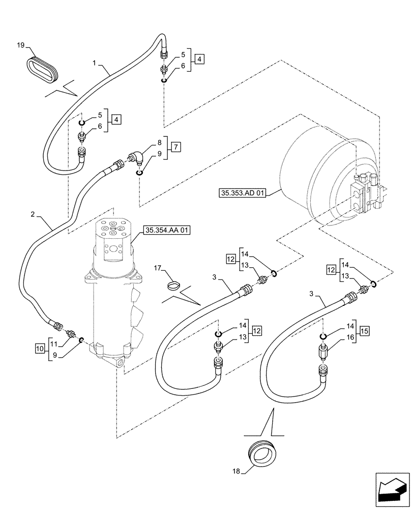 Схема запчастей Case CX490D RTC - (35.353.AE[02]) - TRAVEL MOTOR & REDUCTION GEAR, LINES (35) - HYDRAULIC SYSTEMS
