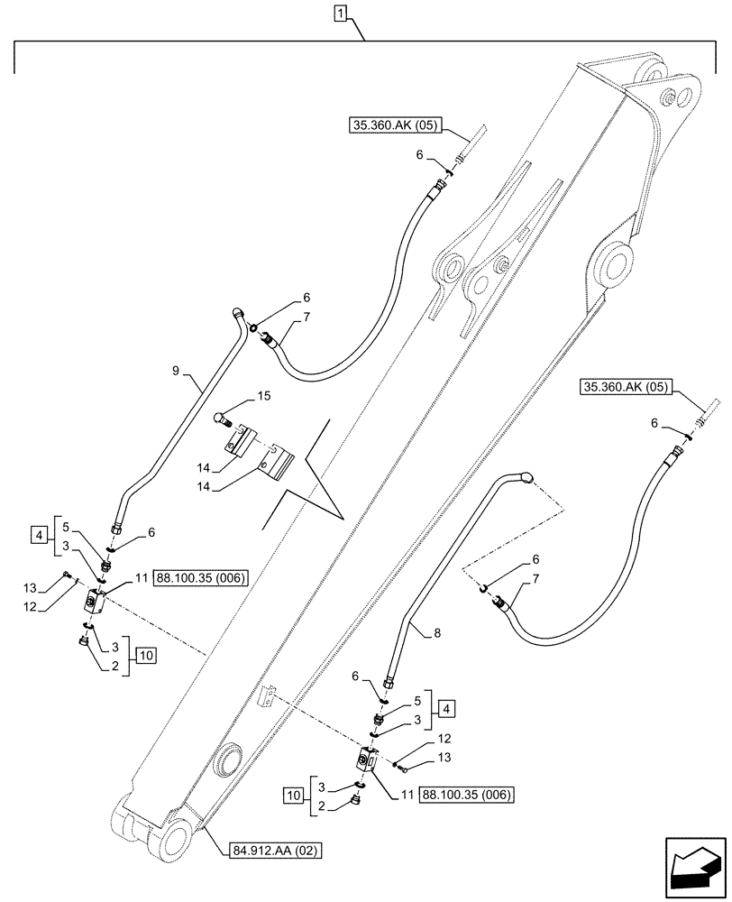 Схема запчастей Case CX130D - (88.100.35[005]) - DIA KIT, AUXILIARY HYDRAULIC, HAMMER CIRCUIT, SHEARS, HIGH FLOW, LINE, ARM, STANDARD (L=2.5M) (88) - ACCESSORIES