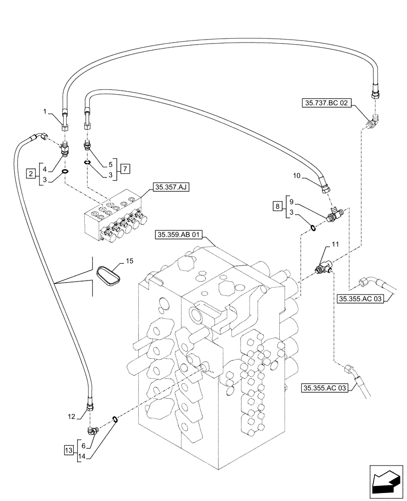 Схема запчастей Case CX490D LC - (35.357.AO[02]) - STD + VAR - 461558 - MAIN, SOLENOID VALVE, PRESSURE PIPE, CONTROL PATTERN SELECTION (35) - HYDRAULIC SYSTEMS