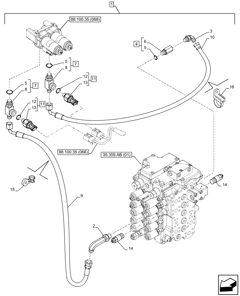 Схема запчастей Case CX130D - (88.100.35[075]) - DIA KIT, AUXILIARY CIRCUIT, SHEARS, W/ ELECTRICAL PROPORTIONAL CONTROL, SOLENOID VALVE, REDUCER, LINE, PRESSURE RELIEF VALVE, SENSOR (88) - ACCESSORIES