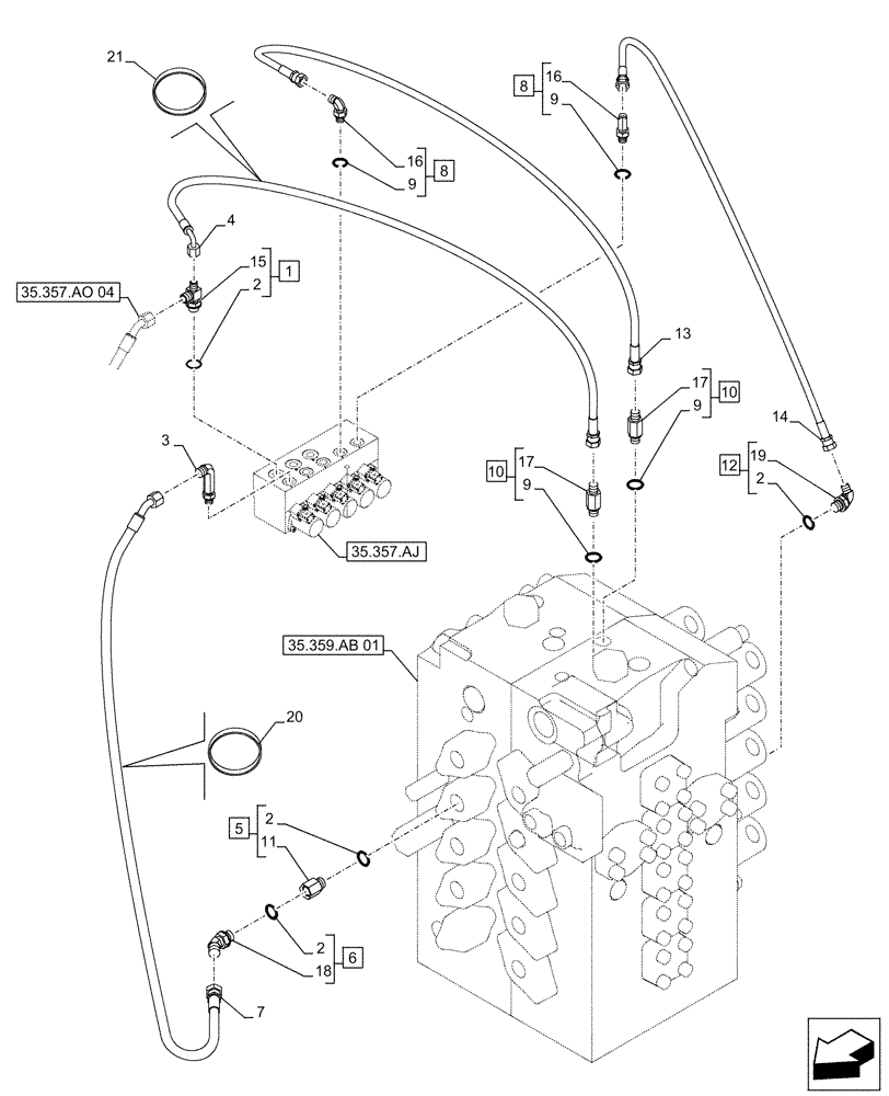 Схема запчастей Case CX500D LC - (35.357.AO[05]) - STD + VAR - 461558 - MAIN, SOLENOID VALVE, PRESSURE PIPE, CONTROL PATTERN SELECTION (35) - HYDRAULIC SYSTEMS