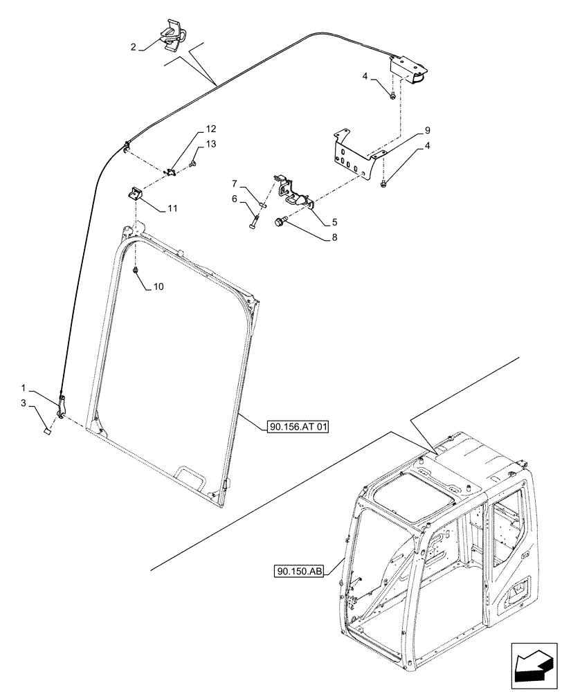 Схема запчастей Case CX500D LC - (90.156.AT[02]) - WINDSHIELD, LATCH (90) - PLATFORM, CAB, BODYWORK AND DECALS