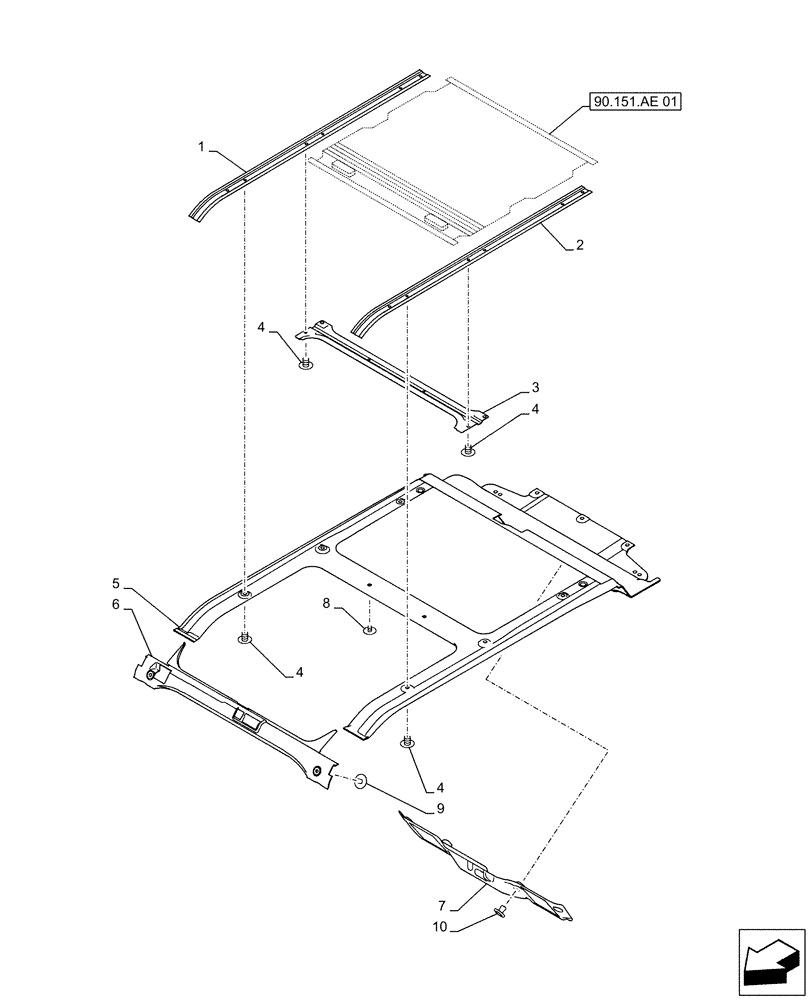 Схема запчастей Case CX500D LC - (90.150.BG) - CAB ROOF (90) - PLATFORM, CAB, BODYWORK AND DECALS