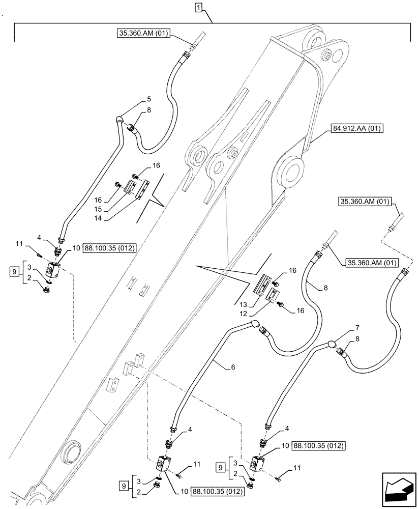 Схема запчастей Case CX160D LC - (88.100.35[011]) - DIA KIT, AUXILIARY HYDRAULIC, CLAMSHELL BUCKET, ROTATION, W/ ELECTRICAL PROPORTIONAL CONTROL, LINE, ARM (L=2.62M) (88) - ACCESSORIES