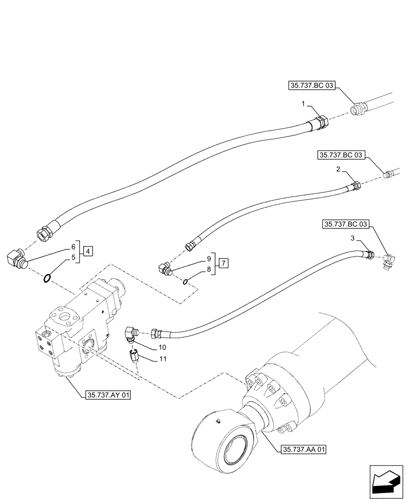 Схема запчастей Case CX490D LC - (35.737.BC[05]) - VAR - 481064 - ARM, CYLINDER, SAFETY VALVE, LINES (35) - HYDRAULIC SYSTEMS