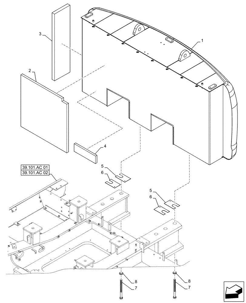 Схема запчастей Case CX500D RTC - (39.140.AM[01]) - COUNTERWEIGHT, INSULATION (39) - FRAMES AND BALLASTING