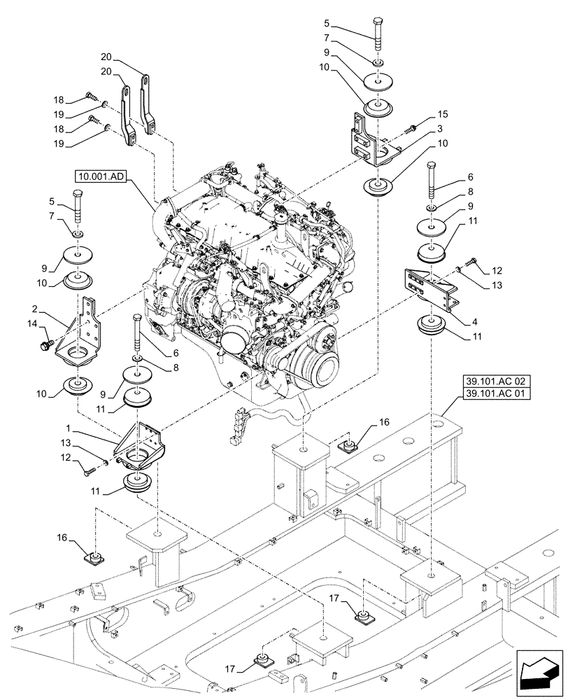 Схема запчастей Case CX500D RTC - (10.001.AK) - STD + VAR - 488034 - ENGINE, SUPPORT (10) - ENGINE