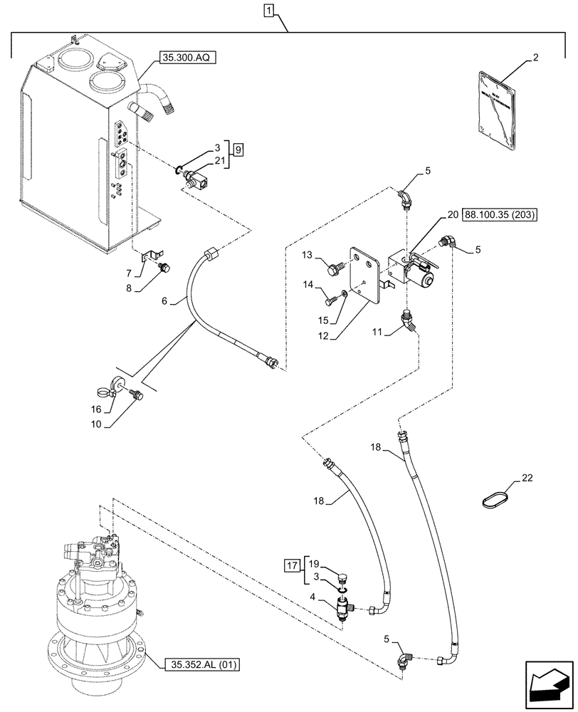 Схема запчастей Case CX300D LC - (88.100.35[201]) - DIA KIT, FREE SWING, MOTO-REDUCTION GEAR, LOCKOUT SOLENOID VALVE, LINE (88) - ACCESSORIES