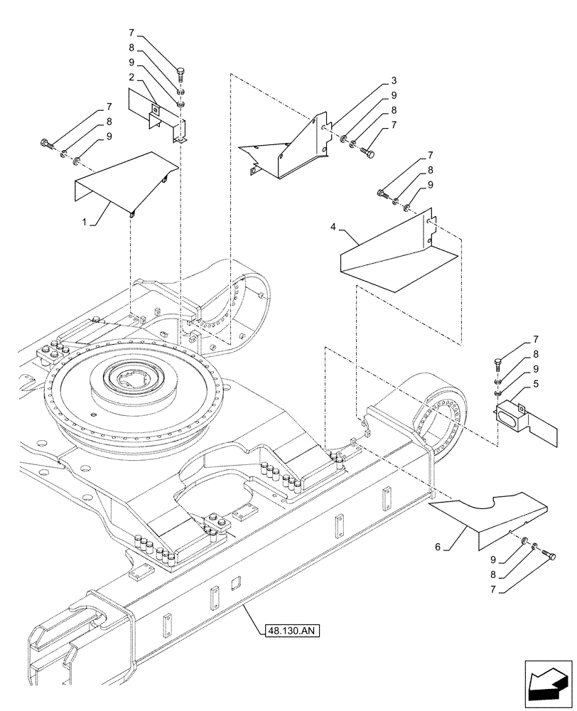 Схема запчастей Case CX490D RTC - (90.130.AG[02]) - GUARD, MOTO-REDUCTION GEAR (90) - PLATFORM, CAB, BODYWORK AND DECALS
