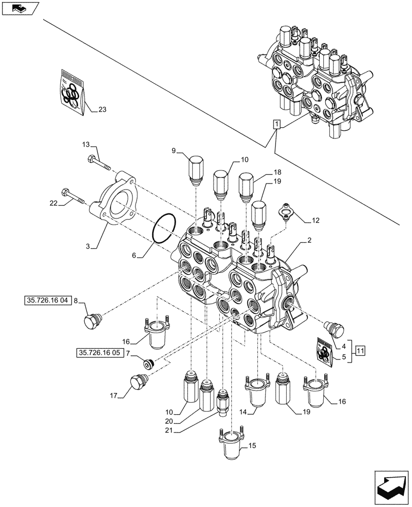 Схема запчастей Case 580SN - (35.726.16[01A]) - BACKHOE CONTROL VALVE, 6-SPOOL, COMPONENTS, W/ STANDARD DIPPER, W/ 2 LEVER CONTROLS - D7373 (35) - HYDRAULIC SYSTEMS