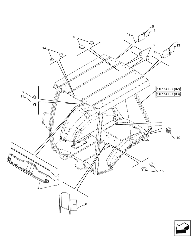 Схема запчастей Case 580SN WT - (90.114.BG[01]) - VAR 423000, 442082 - CANOPY, COVER, PLUG (90) - PLATFORM, CAB, BODYWORK AND DECALS