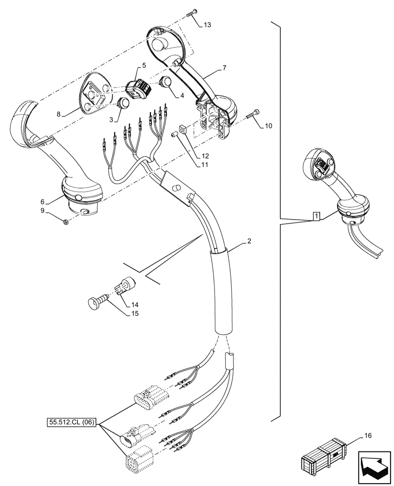 Схема запчастей Case 590SN - (55.512.CL[07]) - 3-SPOOL, MECHANICAL, LOADER, JOYSTICK, COMPONENTS (55) - ELECTRICAL SYSTEMS