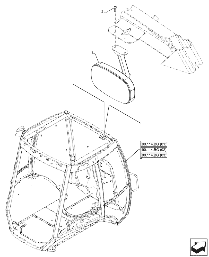 Схема запчастей Case 580SN WT - (90.151.AK[02]) - VAR - 423000, 442082, 747853, 747854, 747855 - CANOPY, REAR VIEW MIRROR (90) - PLATFORM, CAB, BODYWORK AND DECALS