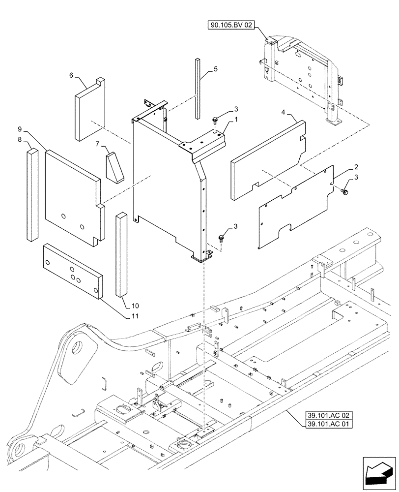 Схема запчастей Case CX500D LC - (90.105.BV[03]) - STD + VAR - 461569, 481027 - HOUSING & COVERS, ADDITIONAL, HANDRAIL (90) - PLATFORM, CAB, BODYWORK AND DECALS