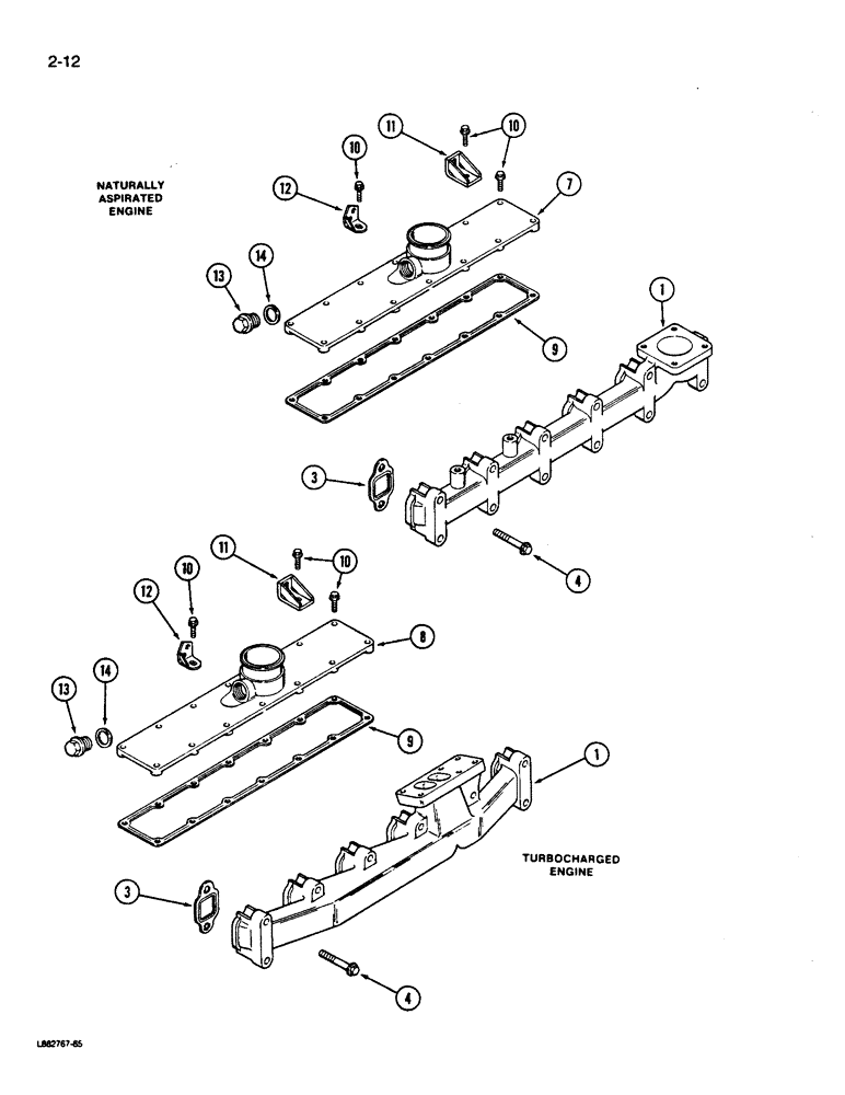 Схема запчастей Case W14B - (2-12) - MANIFOLDS, 6-590 ENGINE, 6T-590 ENGINE, EXHAUST, INTAKE (02) - ENGINE