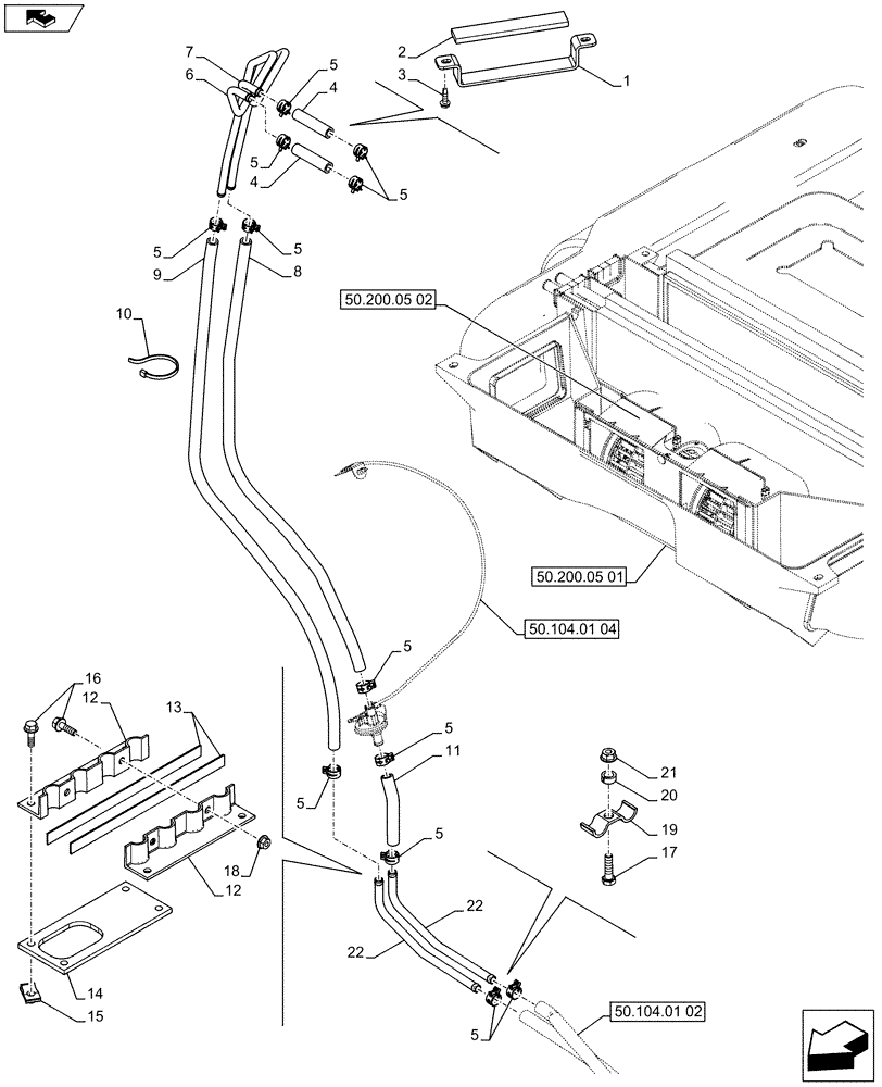 Схема запчастей Case 590SN - (50.104.01[01]) - VAR - 747853, 747854, 747855 - CAB, HEATER, HOSE (50) - CAB CLIMATE CONTROL