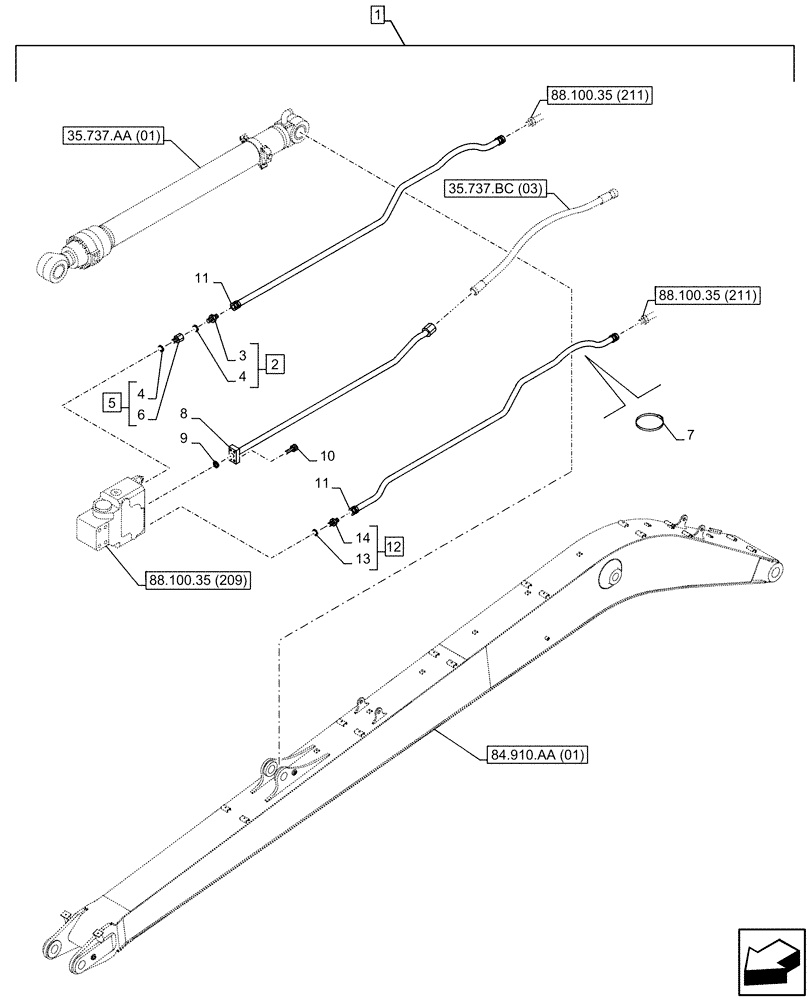 Схема запчастей Case CX250D LC LR - (88.100.35[210]) - DIA KIT, SAFETY VALVE, ARM, LIFT CYLINDER, CHECK VALVE, LINE (88) - ACCESSORIES