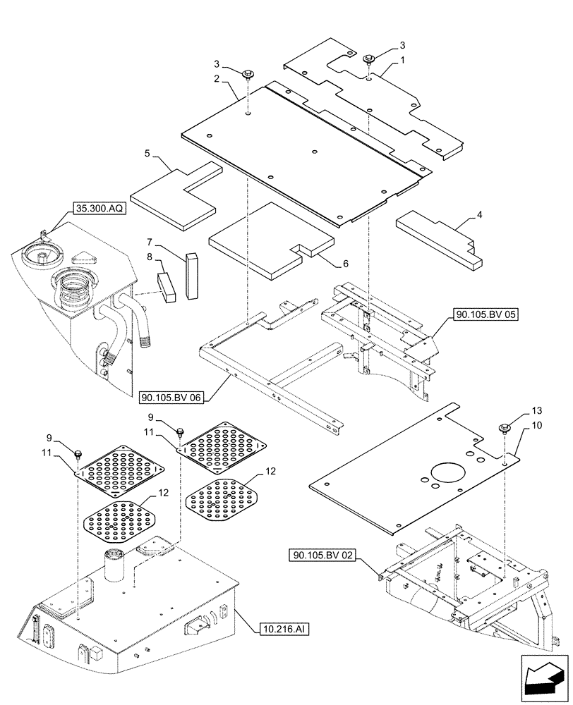 Схема запчастей Case CX500D LC - (90.105.BV[10]) - STD + VAR - 461569, 481027 - TOP COVER, PLATE, ADDITIONAL, HANDRAIL (90) - PLATFORM, CAB, BODYWORK AND DECALS