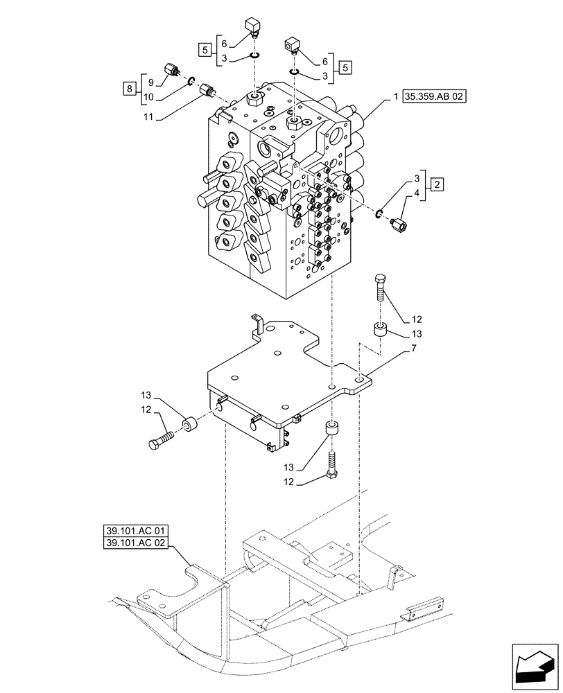 Схема запчастей Case CX500D LC - (35.359.AB[01]) - CONTROL VALVE, MOUNTING, BRACKET (35) - HYDRAULIC SYSTEMS