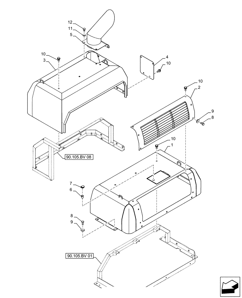Схема запчастей Case CX500D LC - (90.100.AU[02]) - STD + VAR - 461569, 481027 - ENGINE HOOD, ADDITIONAL, HANDRAIL (90) - PLATFORM, CAB, BODYWORK AND DECALS