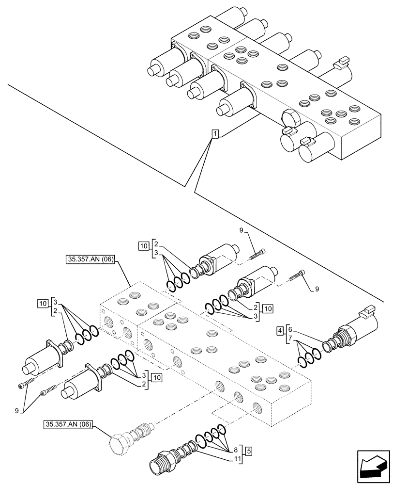 Схема запчастей Case 580SN - (35.357.AG[03]) - 8-SPOOL, PRESSURE CONTROL VALVE, W/ PILOT CONTROLS, SOLENOID (35) - HYDRAULIC SYSTEMS