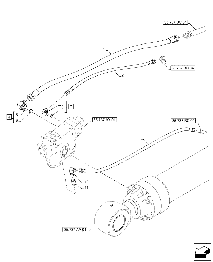Схема запчастей Case CX500D LC - (35.737.BC[05]) - VAR - 481064 - ARM, CYLINDER, SAFETY VALVE, LINES (35) - HYDRAULIC SYSTEMS