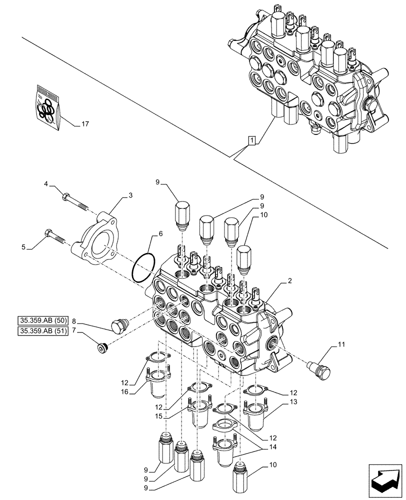 Схема запчастей Case 580SN - (35.359.AB[54]) - BACKHOE CONTROL VALVE, 7-SPOOL, COMPONENTS, EXTENDABLE DIPPER, W/ FOOT SWING CONTROLS - END YR 10-JUL-2015 (35) - HYDRAULIC SYSTEMS