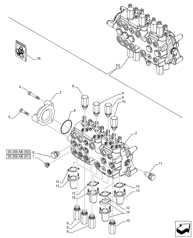 Схема запчастей Case 580SN - (35.359.AB[53]) - BACKHOE CONTROL VALVE, 7-SPOOL, COMPONENTS, EXTENDABLE DIPPER, W/ TWO LEVER CONTROLS - END YR 10-JUL-2015 (35) - HYDRAULIC SYSTEMS