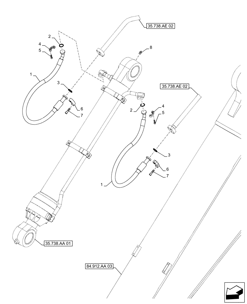 Схема запчастей Case CX490D LC - (35.738.AE[04]) - VAR - 461548 - BUCKET CYLINDER, LINES (ARM L=2.53M) (35) - HYDRAULIC SYSTEMS