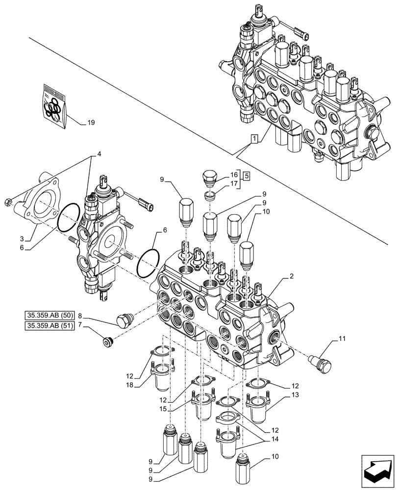 Схема запчастей Case 580SN - (35.359.AB[58]) - BACKHOE CONTROL VALVE, 8-SPOOL, COMPONENTS, EXTENDABLE DIPPER, W/ FOOT SWING CONTROLS - END YR 10-JUL-2015 (35) - HYDRAULIC SYSTEMS
