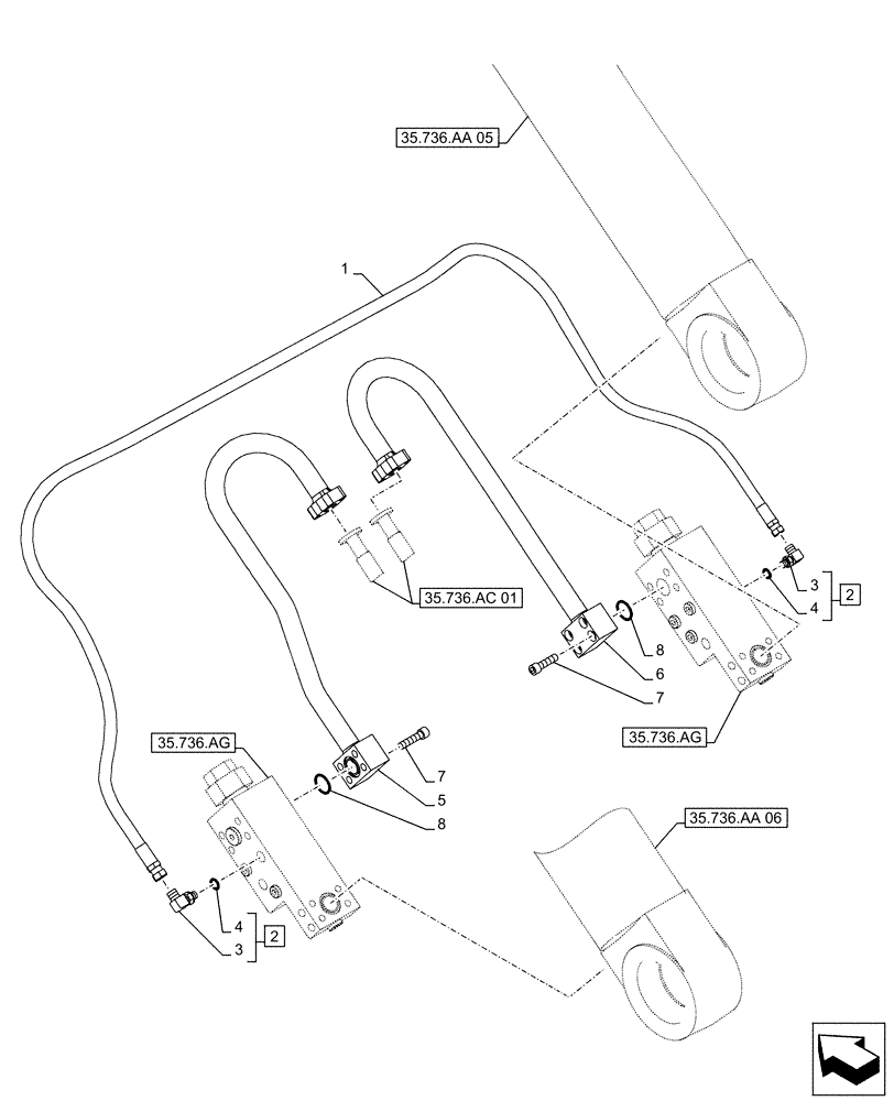 Схема запчастей Case CX490D LC - (35.736.AK[02]) - VAR - 481064 - BOOM, LIFT CYLINDER, SAFETY VALVE, LINES (35) - HYDRAULIC SYSTEMS