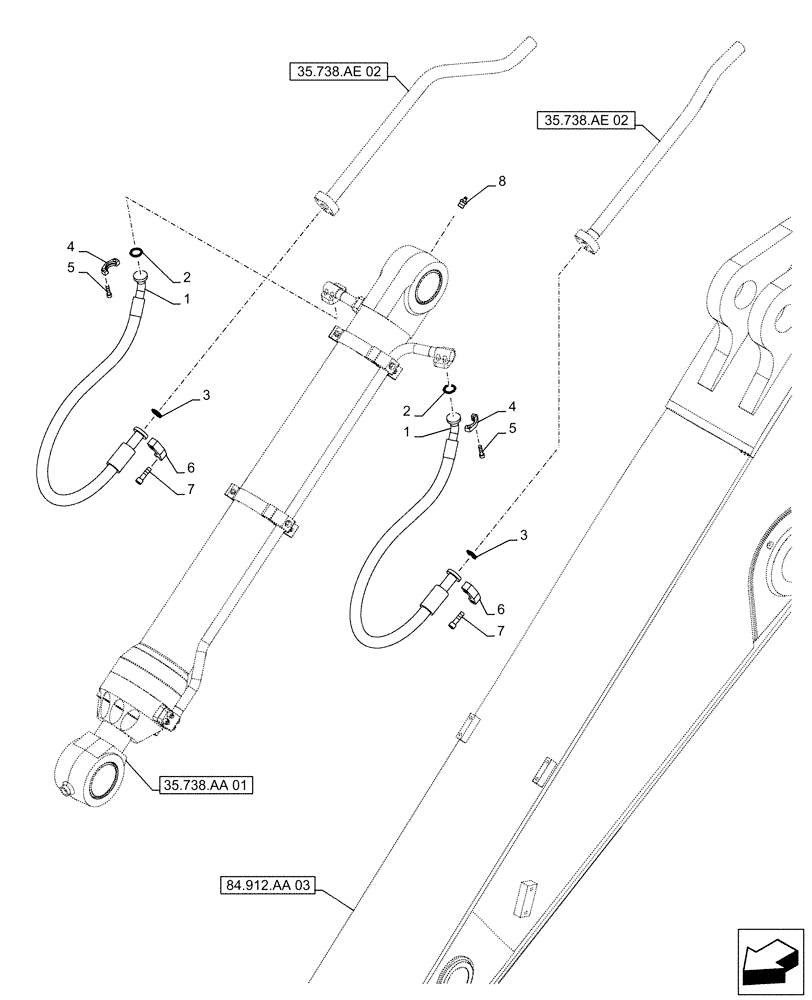 Схема запчастей Case CX500D LC - (35.738.AE[03]) - VAR - 461572 - BUCKET CYLINDER, LINES (ARM L=2.53M) (35) - HYDRAULIC SYSTEMS