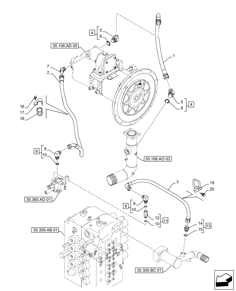 Схема запчастей Case CX500D LC - (35.360.AF[01]) - VAR - 461863 - HYDRAULIC LINE, CLAMSHELL BUCKET, ROTATION, W/ ELECTRICAL PROPORTIONAL CONTROL (35) - HYDRAULIC SYSTEMS