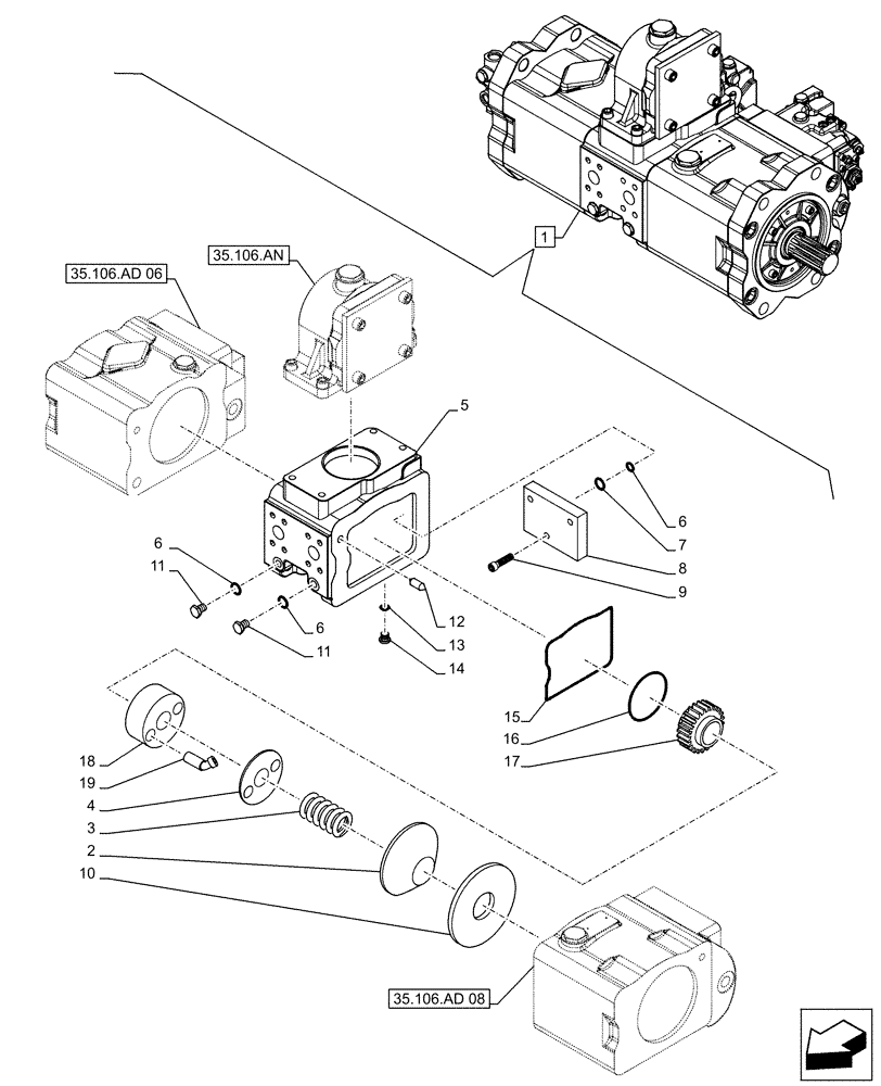 Схема запчастей Case CX490D LC - (35.106.AD[07]) - VAR - 461863 - VARIABLE DELIVERY HYDRAULIC PUMP, CLAMSHELL BUCKET, ROTATION, W/ ELECTRICAL PROPORTIONAL CONTROL, COMPONENTS (35) - HYDRAULIC SYSTEMS