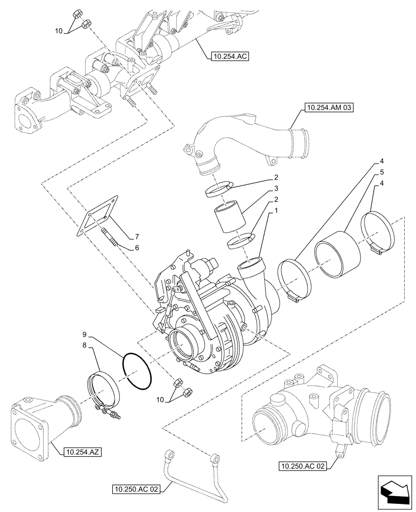 Схема запчастей Case AQ-6UZ1XASS01 - (10.250.AC[01]) - TURBOCHARGER (10) - ENGINE