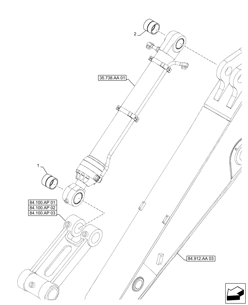 Схема запчастей Case CX500D LC - (84.100.AM[01]) - VAR - 461572 - BUCKET CYLINDER, BUSHING (ARM L=2.53M) (84) - BOOMS, DIPPERS & BUCKETS