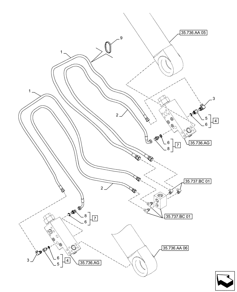 Схема запчастей Case CX490D LC - (35.736.AK[01]) - VAR - 481064 - BOOM, LIFT CYLINDER, SAFETY VALVE, LINES (35) - HYDRAULIC SYSTEMS