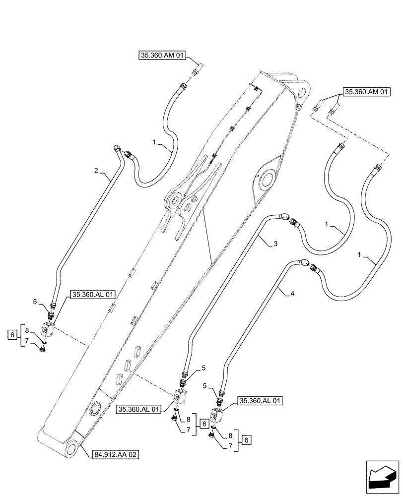 Схема запчастей Case CX490D LC - (35.360.AM[04]) - VAR - 461863 - ARM, LINES, CLAMSHELL BUCKET, ROTATION, W/ ELECTRICAL PROPORTIONAL CONTROL (ARM L=4.0M) (35) - HYDRAULIC SYSTEMS