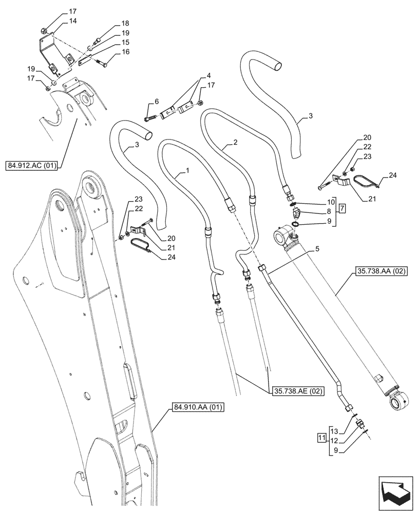 Схема запчастей Case 590SN - (35.738.AE[04]) - VAR - 423076 - BACKHOE BUCKET, EXTENDABLE DIPPER, CYLINDER LINES, SEVERE COLD WEATHER (35) - HYDRAULIC SYSTEMS