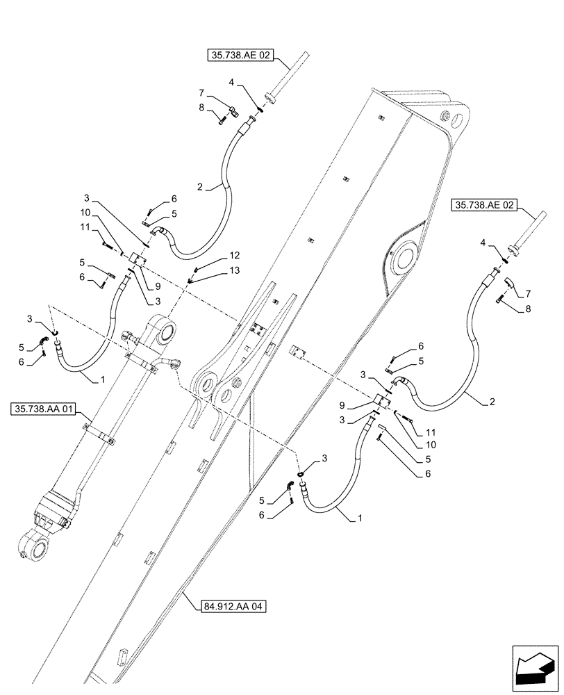 Схема запчастей Case CX490D LC - (35.738.AE[05]) - VAR - 461544 - BUCKET CYLINDER, LINES (ARM L=4.85M) (35) - HYDRAULIC SYSTEMS