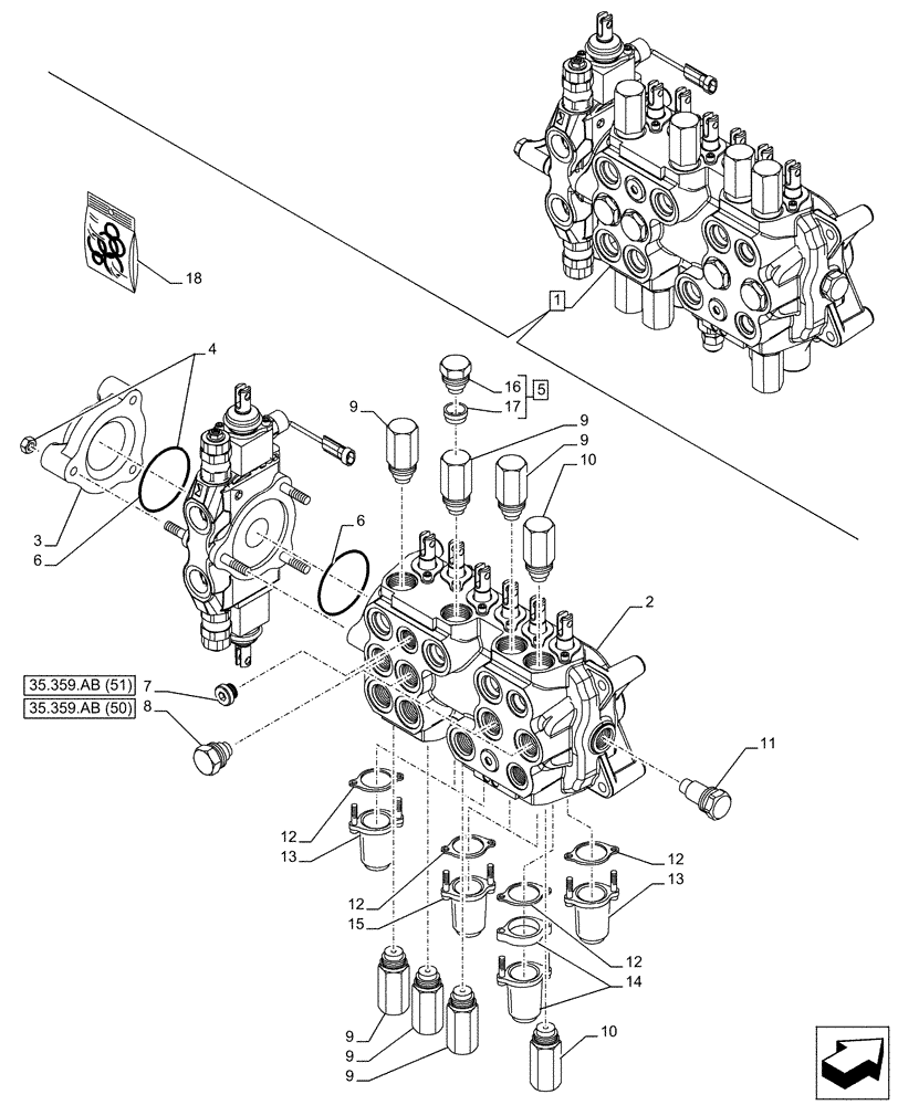 Схема запчастей Case 580SN - (35.359.AB[55]) - BACKHOE CONTROL VALVE, 7-SPOOL, COMPONENTS, STANDARD DIPPER, W/ TWO LEVER CONTROLS - END YR 10-JUL-2015 (35) - HYDRAULIC SYSTEMS