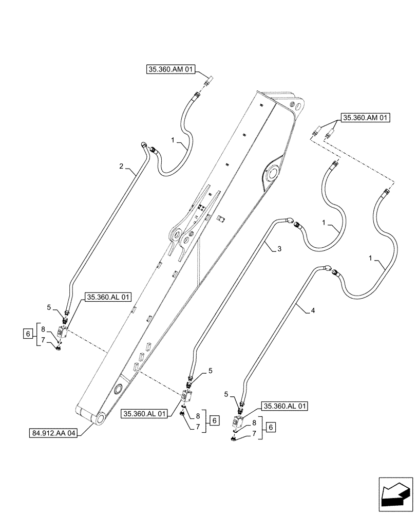 Схема запчастей Case CX490D LC - (35.360.AM[05]) - VAR - 461863 - ARM, LINES, CLAMSHELL BUCKET, ROTATION, W/ ELECTRICAL PROPORTIONAL CONTROL (ARM L=4.85M) (35) - HYDRAULIC SYSTEMS