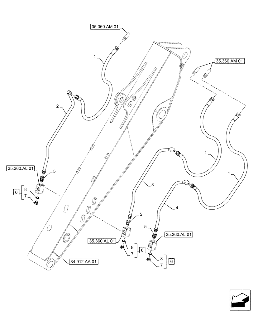 Схема запчастей Case CX490D LC - (35.360.AM[03]) - VAR - 461863 - ARM, LINES, CLAMSHELL BUCKET, ROTATION, W/ ELECTRICAL PROPORTIONAL CONTROL (ARM L=3.4M) (35) - HYDRAULIC SYSTEMS