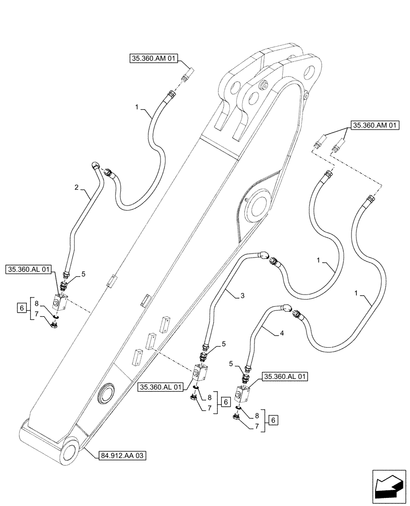 Схема запчастей Case CX490D LC - (35.360.AM[02]) - VAR - 461863 - ARM, LINES, CLAMSHELL BUCKET, ROTATION, W/ ELECTRICAL PROPORTIONAL CONTROL (ARM L=2.53M) (35) - HYDRAULIC SYSTEMS