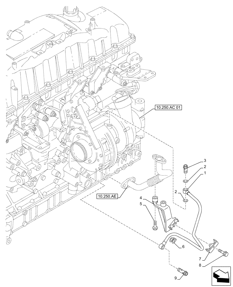 Схема запчастей Case AQ-6UZ1XASS01 - (10.250.AD[01]) - TURBOCHARGER, SUPPLY LINE (10) - ENGINE