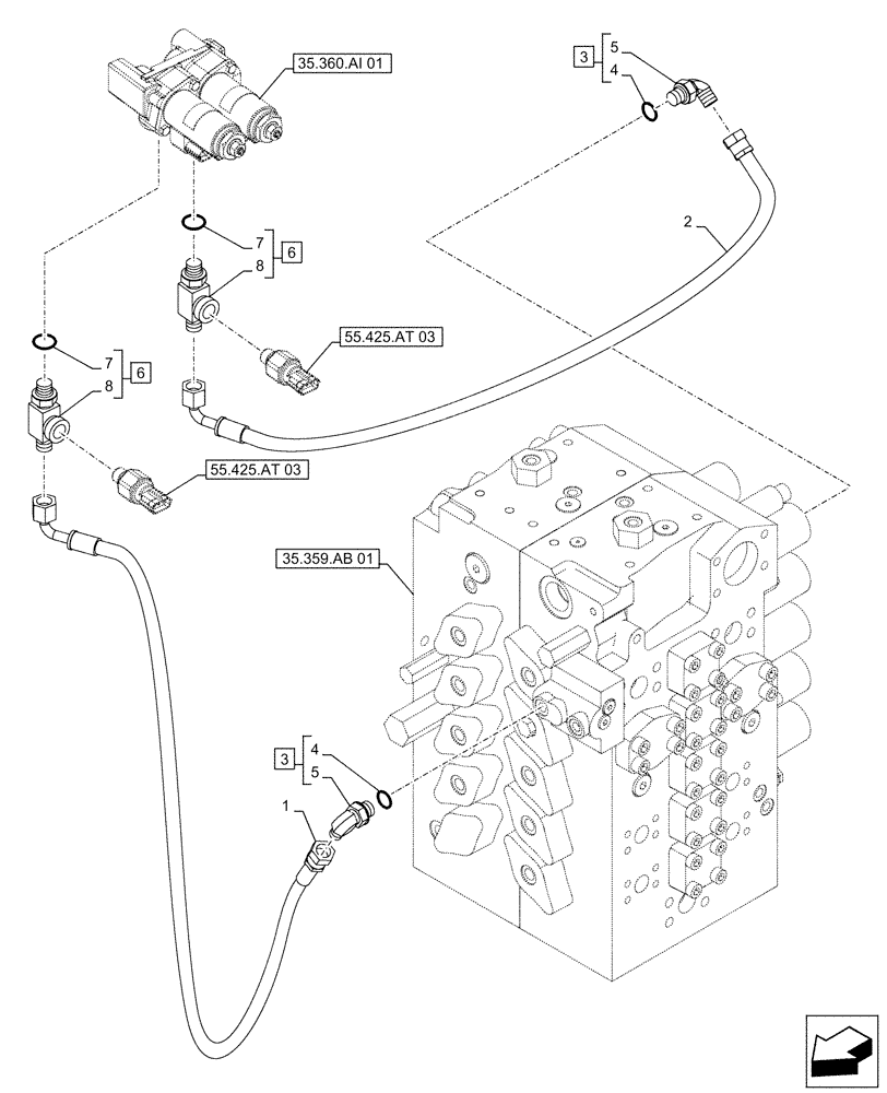 Схема запчастей Case CX500D LC - (35.360.AJ[05]) - VAR - 461871, 461868, 461869 - HAMMER CIRCUIT, SHEARS, HIGH FLOW, SOLENOID VALVE, LINES, W/ ELECTRICAL PROPORTIONAL CONTROL (35) - HYDRAULIC SYSTEMS