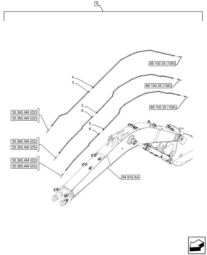 Схема запчастей Case CX210D LC - (88.100.35[104]) - DIA KIT, CLAMSHELL BUCKET, ROTATION, W/ ELECTRICAL PROPORTIONAL CONTROL, BOOM, LINE (88) - ACCESSORIES