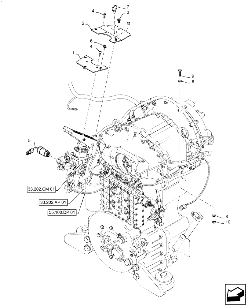 Схема запчастей Case 521F - (33.202.CM[02]) - VAR - 424224 - BRAKE VALVE INSTALLATION (33) - BRAKES & CONTROLS