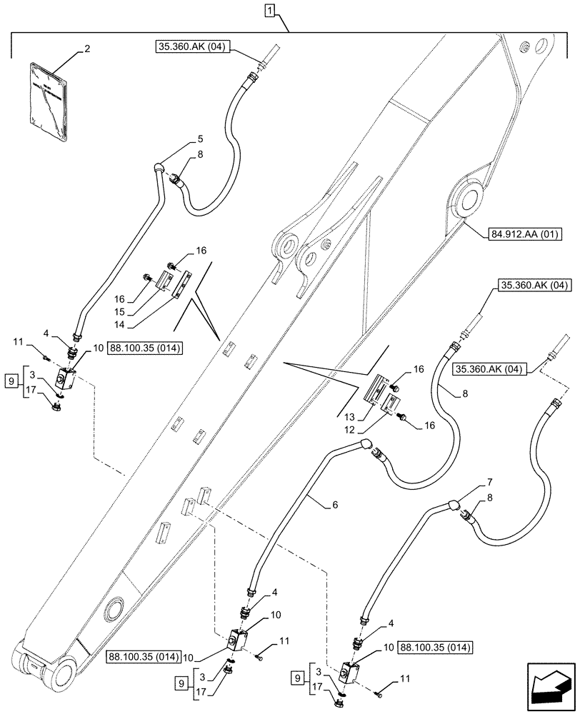 Схема запчастей Case CX250D LC - (88.100.35[013]) - DIA KIT, CLAMSHELL BUCKET, ROTATION, W/ ELECTRICAL PROPORTIONAL CONTROL, LINE, ARM (L=3.5M) (88) - ACCESSORIES