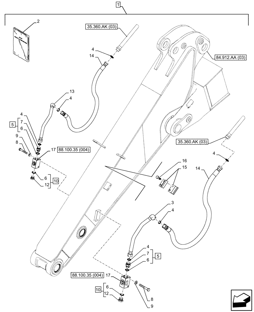 Схема запчастей Case CX210D LC - (88.100.35[003]) - DIA KIT, HAMMER CIRCUIT, SHEARS, HIGH FLOW, W/ ELECTRICAL PROPORTIONAL CONTROL, LINE, ARM, SHORT (L=1.9M) (88) - ACCESSORIES